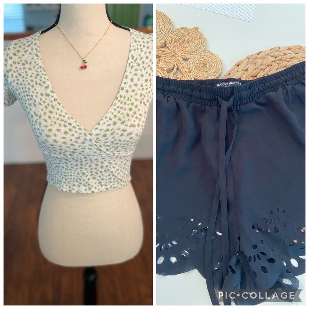 Brandy Melville Green Cheetah Amara Top & Brandy Melville Laser Cut Shorts, OS